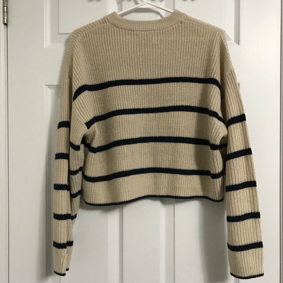 ONLY Stripes Cropped Crew Neck Sweater L Beige Brown Long Sleeve Ribbed - Picture 2 of 5